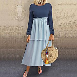 Women's Shift Dress Maxi long Dress Navy Blue Long Sleeve Solid Color Patchwork Fall Round Neck Hot Casual Loose 2021 L XL XXL 3XL 4XL 5XL / Cotton / Cotton miniinthebox
