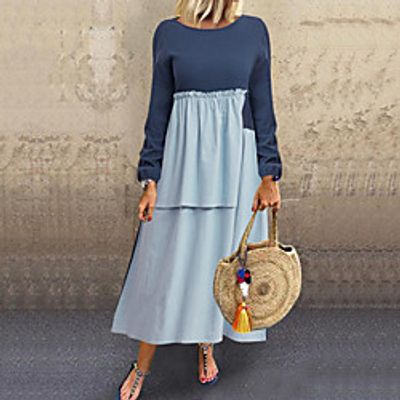 Women's Shift Dress Maxi long Dress Navy Blue Long Sleeve Solid Color Patchwork Fall Round Neck Hot Casual Loose 2021 L XL XXL 3XL 4XL 5XL / Cotton / Cotton miniinthebox
