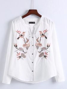 Bird Embroidered V-neck Blouses