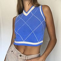 Women's Knitted Plaid Cropped  Sweater Short Sleeves Sweater Cardigans V Neck Fall Spring Blue Lightinthebox - thumbnail