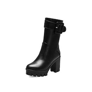 Women's Boots Daily Mid Calf Boots Winter Chunky Heel Round Toe Minimalism PU Leather Zipper Solid Colored Wine Black White miniinthebox