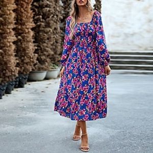 Women's Casual Dress Print Dress Floral Print Strapless Bishop Sleeve Long Dress Maxi Dress Elegant Date Long Sleeve Slim Black Pink Blue Fall S M L XL Lightinthebox