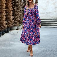 Women's Casual Dress Print Dress Floral Print Strapless Bishop Sleeve Long Dress Maxi Dress Elegant Date Long Sleeve Slim Black Pink Blue Fall S M L XL Lightinthebox - thumbnail