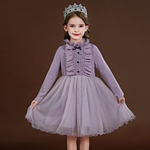 Kids Little Girls' Dress Solid Colored Birthday Party Festival Mesh Purple Knee-length Long Sleeve Princess Sweet Dresses Spring  Summer Regular Fit 3-13 Years miniinthebox