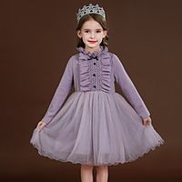 Kids Little Girls' Dress Solid Colored Birthday Party Festival Mesh Purple Knee-length Long Sleeve Princess Sweet Dresses Spring  Summer Regular Fit 3-13 Years miniinthebox - thumbnail