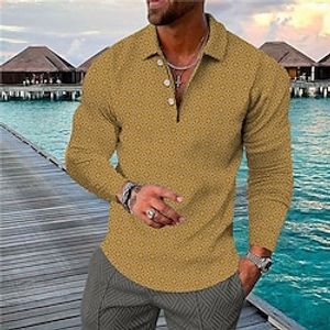 Men's Collar Polo Shirt Golf Shirt Geometry Turndown Green Blue Pink Yellow Brown 3D Print Casual Daily Long Sleeve Button-Down Print Clothing Apparel Fashion Designer Casual Breathable  Sports Lightinthebox