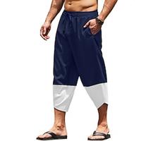 Men's Linen Pants Trousers Summer Pants Beach Pants Pocket Drawstring Elastic Waist Color Block Comfort Breathable Calf-Length Daily Holiday Vacation Hawaiian Boho ArmyGreen Black Lightinthebox - thumbnail