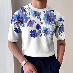 Men's T shirt Tee 3D Print Floral Graphic Patterned Crew Neck Street Daily Half Sleeve Tops Casual Fashion Blue / White miniinthebox