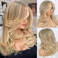 Golden Blonde Wig Strawberry Blonde Wig with Bangs Long Haired Wig for Women Curtain Bangs Synthetic Layered Wig Long Wavy Medium Brown Wig Light Ombre Real Hair Wig for Daily Party Use miniinthebox - thumbnail