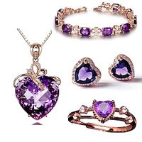 Heart Shaped Amethyst Pendant European Luxury Four Leaf Clover Bracelet Heart Colored Treasure Diamond Ring Temperament Purple Gemstone Earring Set Lightinthebox - thumbnail