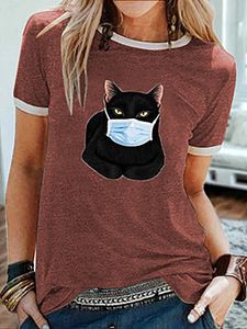 Round Neck Cat Print Short Sleeve T-shirt