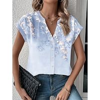 Women's Shirt Blouse Floral Casual Holiday Light Blue Button Print Short Sleeve Fashion V Neck Regular Fit Summer Lightinthebox