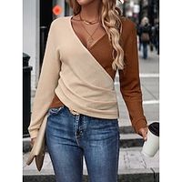 Shirt Blouse Women's Brown Color Block Crossover Daily Fashion V Neck Textured Regular Fit S Lightinthebox - thumbnail