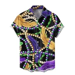 Graphic Feathers Mask Casual Men's Shirt Button Up Shirt Casual Shirt Daily Wear Date Vacation Spring  Summer Lapel Short Sleeves Yellow, Dark Green, Purple S, M, L Polyester Shirt Carnival Lightinthebox