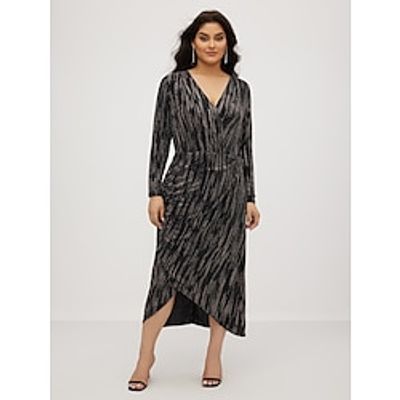 Women's Plus Size Curve Black Dress Party Dress Cocktail Dress Stripe Midi Dress Long Sleeve Print V Neck Elegant Party Black Spring Wedding Guest Dress Lightinthebox