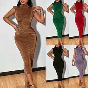 Women's Wedding Guest Dress Party Dress Bodycon Midi Dress Black Red Purple Sleeveless Pure Color Ruched Summer Spring Fall Stand Collar Party Office Birthday Wedding Guest 2023 S M L XL 2XL 3XL Lightinthebox
