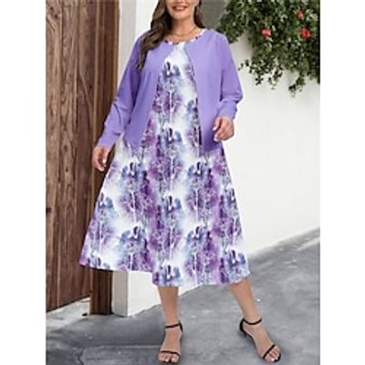 Women's Plus Size Curve Casual Dress Dress Set Two Piece Dress Floral Midi Dress Long Sleeve Print Crew Neck Fashion Outdoor Pink Blue Fall Winter L XL XXL 3XL 4XL Lightinthebox