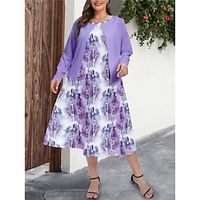 Women's Plus Size Curve Casual Dress Dress Set Two Piece Dress Floral Midi Dress Long Sleeve Print Crew Neck Fashion Outdoor Pink Blue Fall Winter L XL XXL 3XL 4XL Lightinthebox - thumbnail