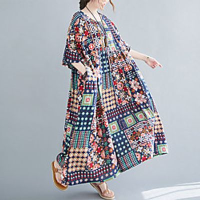 2021 summer new style retro printing fat sister mm large size loose slim dress foreign trade women's amazon Lightinthebox