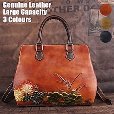 Women's Handbag Crossbody Bag Shoulder Bag Boston Bag Leather Shopping Daily Holiday Zipper Flower Embossed Large Capacity Waterproof Durable Solid Color Color Block Retro black Retro Brown Retro miniinthebox