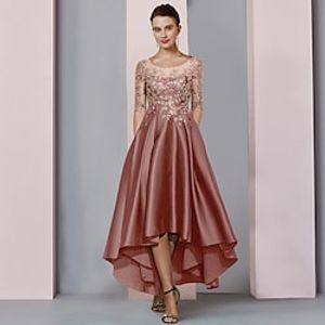 A-Line Mother of the Bride Dress Formal Party Elegant High Low Scoop Neck Asymmetrical Tea Length Satin Lace Half Sleeve with Pleats Beading Appliques 2023 Lightinthebox