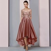 A-Line Mother of the Bride Dress Formal Party Elegant High Low Scoop Neck Asymmetrical Tea Length Satin Lace Half Sleeve with Pleats Beading Appliques 2023 Lightinthebox - thumbnail