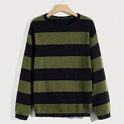 Men's Sweater Pullover Sweater Jumper Pullover Chunky Knit Regular Stripe Crew Neck Clothing Apparel Drop Shoulder Spring   Fall Green M L XL Lightinthebox