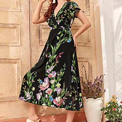 Women's A Line Dress Midi Dress Black Short Sleeve Floral Print Fall Summer V Neck Work Casual 2021 S M L XL miniinthebox