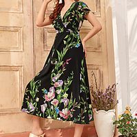 Women's A Line Dress Midi Dress Black Short Sleeve Floral Print Fall Summer V Neck Work Casual 2021 S M L XL miniinthebox - thumbnail