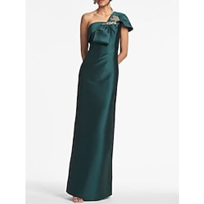 Sheath  Column Evening Gown Elegant Dress Formal Floor Length Christmas Red Green Dress Short Sleeve One Shoulder Satin with Bow(s) Shouder Flower 2023 Lightinthebox