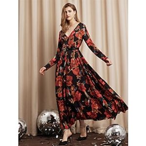 Women's Prom Dress Party Dress Wedding Guest Dress Long Dress Maxi Dress Red Long Sleeve Floral Print Spring Fall Winter V Neck Fashion Winter Dress Christmas Wedding Guest Loose Fit 2023 S M L XL XXL Lightinthebox