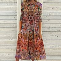 Women's Casual Dress Shift Dress Swing Dress Midi Dress Black Yellow Red 34 Length Sleeve Floral Ruched Winter Fall Spring Crew Neck Fashion Daily 2022 S M L XL XXL 3XL Lightinthebox - thumbnail
