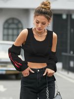 YOINS Striped Cut Out Cold Shoulder Long Sleeves Crop Top - thumbnail