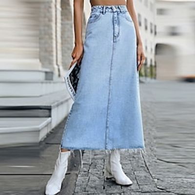 Women's Skirt A Line Denim Midi Skirt Midi Cotton Denim Black Light Blue Skirts Pocket Fashion Casual Street Daily S M L Lightinthebox