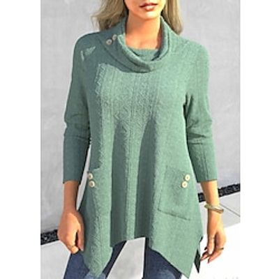 Women's Shirt Blouse Plain Black Blue Purple Button Pocket Asymmetric Long Sleeve Casual Fashion Round Neck Regular Fit Spring   Fall Lightinthebox