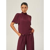 Chiffon Shirred High-Neck Blouse