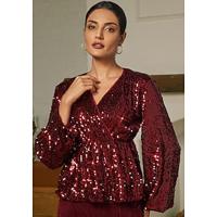 Sequin Party Lantern Sleeve V Neck Blouse