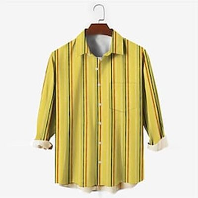 Men's Shirt 3D Print Striped Turndown Street Casual Button-Down Print Long Sleeve Tops Casual Fashion Breathable Yellow miniinthebox