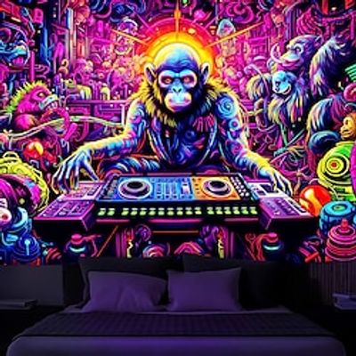 Blacklight Tapestry UV Reactive Glow in the Dark DJ Chimpanzees Animal Trippy Misty Nature Landscape Hanging Tapestry Wall Art Mural for Living Room Bedroom miniinthebox