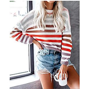 Women's Knitted Striped Pullover Long Sleeve Sweater Cardigans Crew Neck Fall Spring Black Purple Green Lightinthebox