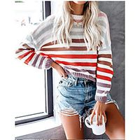 Women's Knitted Striped Pullover Long Sleeve Sweater Cardigans Crew Neck Fall Spring Black Purple Green Lightinthebox - thumbnail
