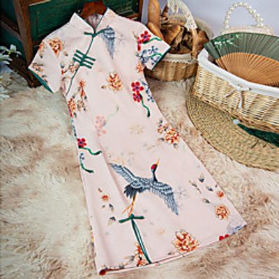 Women's Bodycon Short Mini Dress Pink Short Sleeve Floral Embroidery Animal Embroidered Split Print Spring Summer Mandarin Collar Elegant Vintage Traditional 2022 S M L XL XXL 3XL Lightinthebox