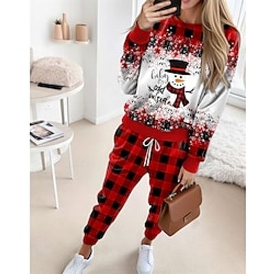 Women's Sweatshirt Tracksuit Pants Sets Red Graphic Plaid Drawstring Print Long Sleeve Outdoor Casual Sports Christmas Round Neck Regular Fit Spring   Fall Lightinthebox