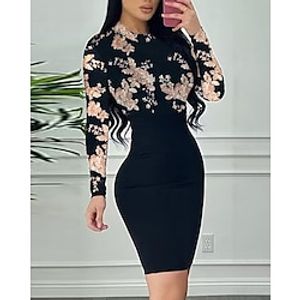 Women's Sheath Dress Elegant Dress Floral Button Crew Neck Bishop Sleeve Mini Dress Elegant Work Long Sleeve Regular Fit Black Fall S M L XL XXL Lightinthebox