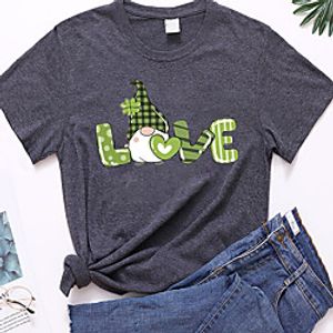 Women's Lucky Valentine's Day Painting T shirt Cartoon Plaid Heart Print Round Neck Basic Tops Green White Black miniinthebox