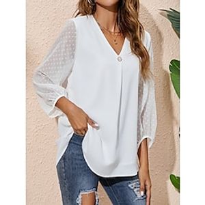 Women's Shirt Blouse Plain Casual White Button 34 Length Sleeve Fashion Modern V Neck Regular Fit Summer Spring Lightinthebox