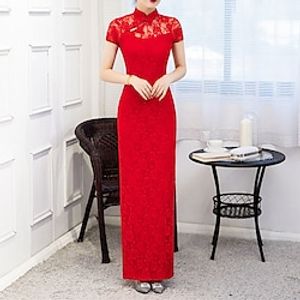 Women's Party Dress Lace Dress Bodycon Long Dress Maxi Dress Black Blue Wine Short Sleeve Floral Lace Spring Summer Stand Collar Chinoiserie Weekend S M L XL XXL 3XL 4XL 5XL Lightinthebox