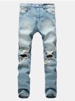 Vintage Fashion Light Blue Worn Hole Printed Stone Washed Denim Ripped Jeans for Men