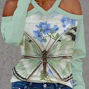 Women's Blouse Graphic Butterfly Casual Weekend Blouse Long Sleeve Cold Shoulder Print V Neck Basic Green Blue Purple S / 3D Print miniinthebox
