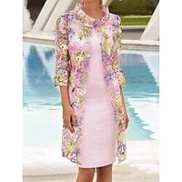 Women's Dress Set Two Piece Dress Knee Length Dress Pink 34 Length Sleeve Floral Lace Print Fall Winter Crew Neck Stylish Elegant 2022 S M L XL 2XL 3XL Lightinthebox - thumbnail